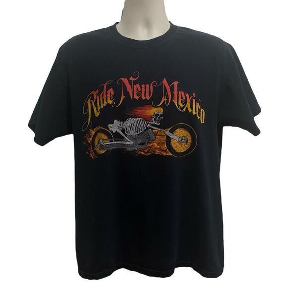 Ride New Mexico Skeleton Biker Tee Halloween Motorcycle Black Sz L Flaws - Picture 9 of 10